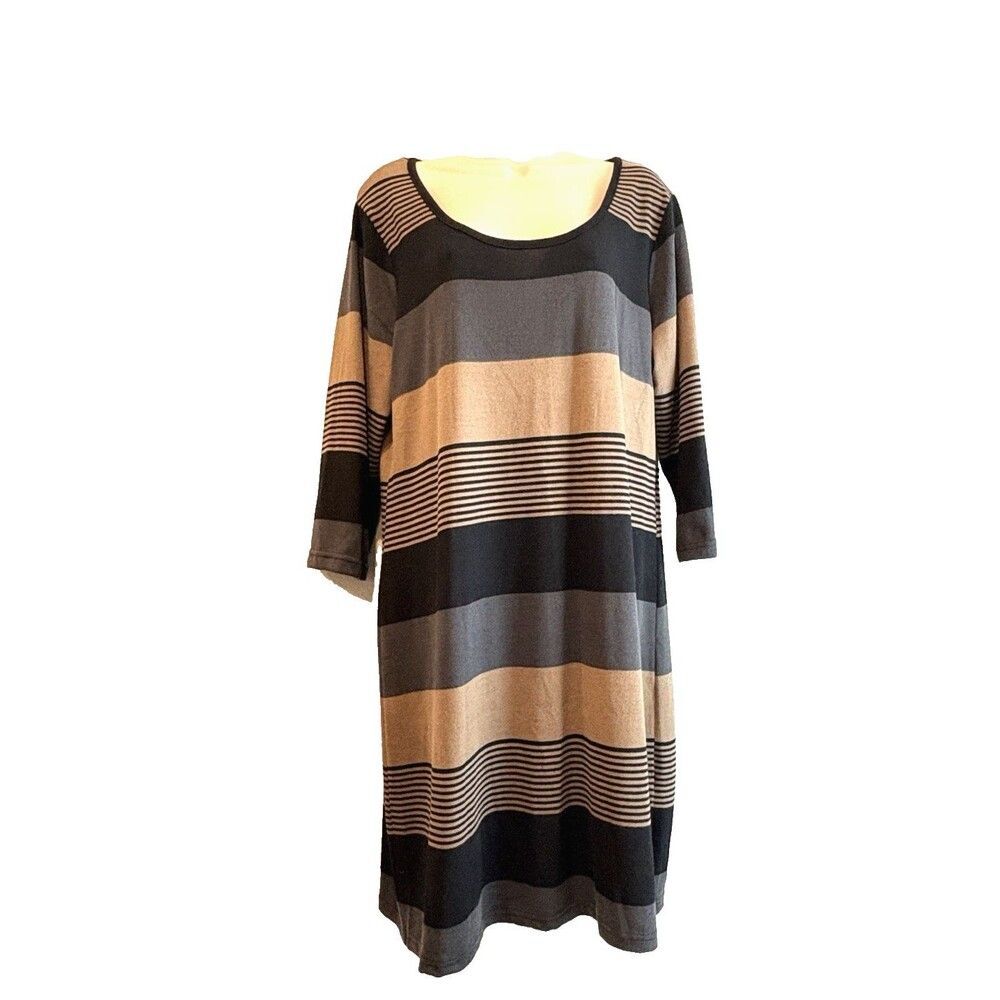 Derek Heart Plus Shift Dress Womens 1X Gray Striped Soft Knit 3/4 Sleeves NEW